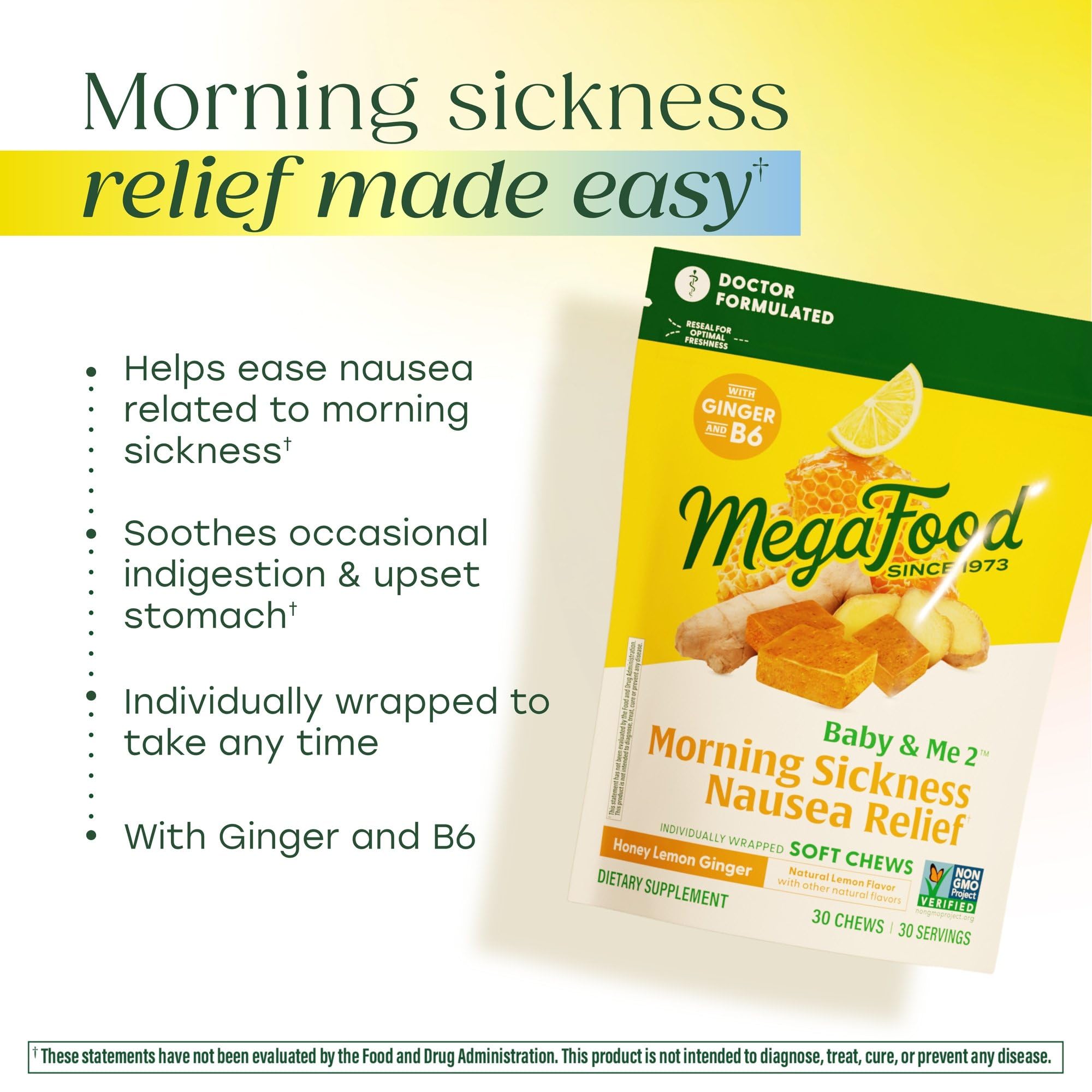 MegaFood Baby & Me Prenatal Morning Sickness Relief, Ginger Chews, with Vitamin B6, Made Without 9 Food Allergens, Honey Lemon Ginger Flavor, 30 Chews (Pack of 2) - Image 3