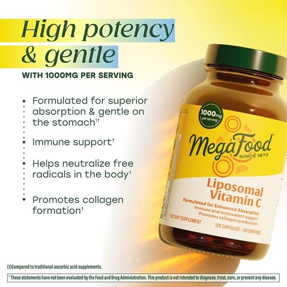 MegaFood Liposomal Vitamin C 1000mg Per Serving - Collagen Production & Immune Support Supplement - High Potency Formula - Superior Absorption & Gentle On Stomach - 120 Vitamin C Capsules, 60 Servings - Image 3