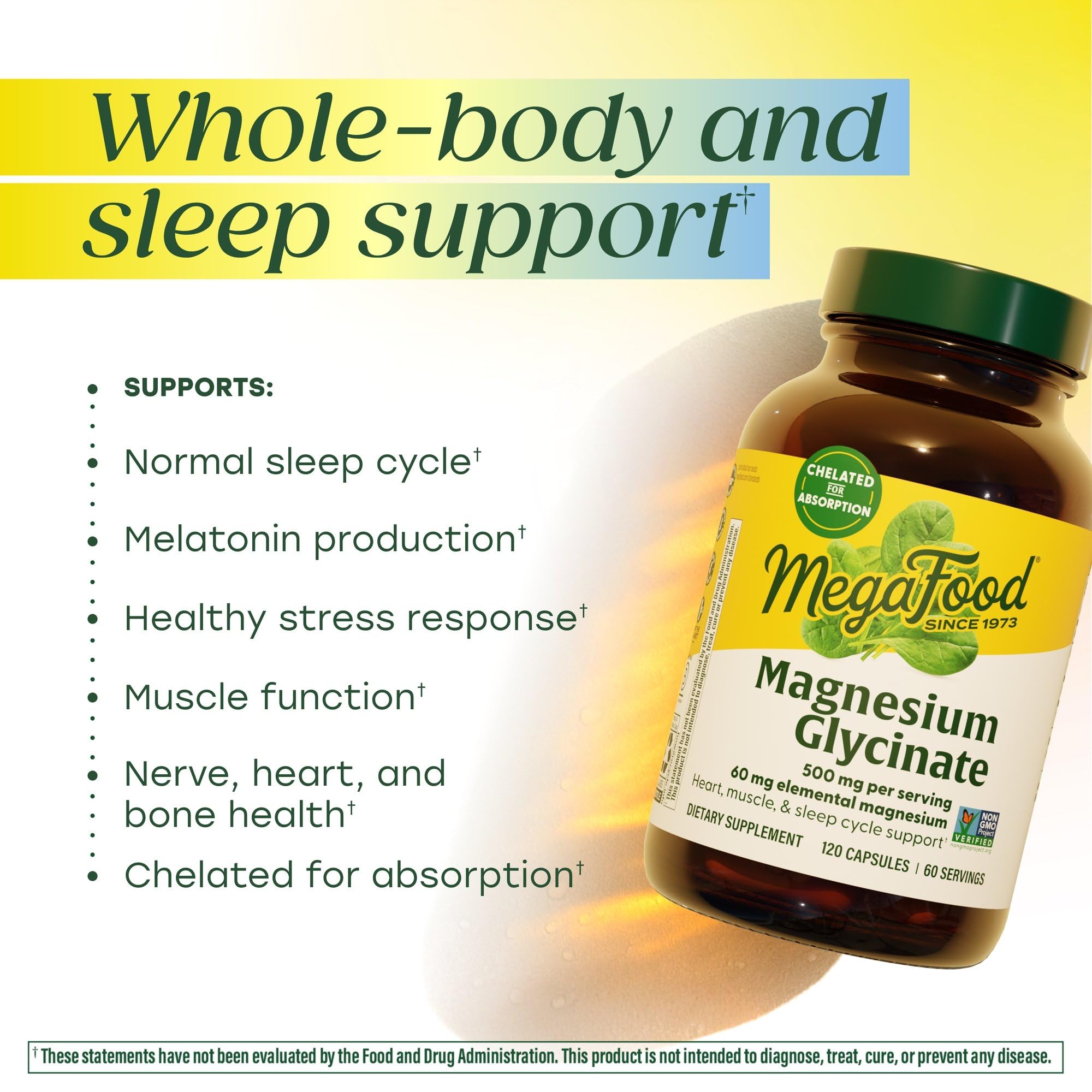 MegaFood Magnesium Glycinate 500mg - Chelated Magnesium Supplement - 60mg Elemental Magnesium - Gentle on the Stomach - Supports Normal Sleep Cycle & Healthy Stress Response - 120 Capsules 60 Servings - Image 3