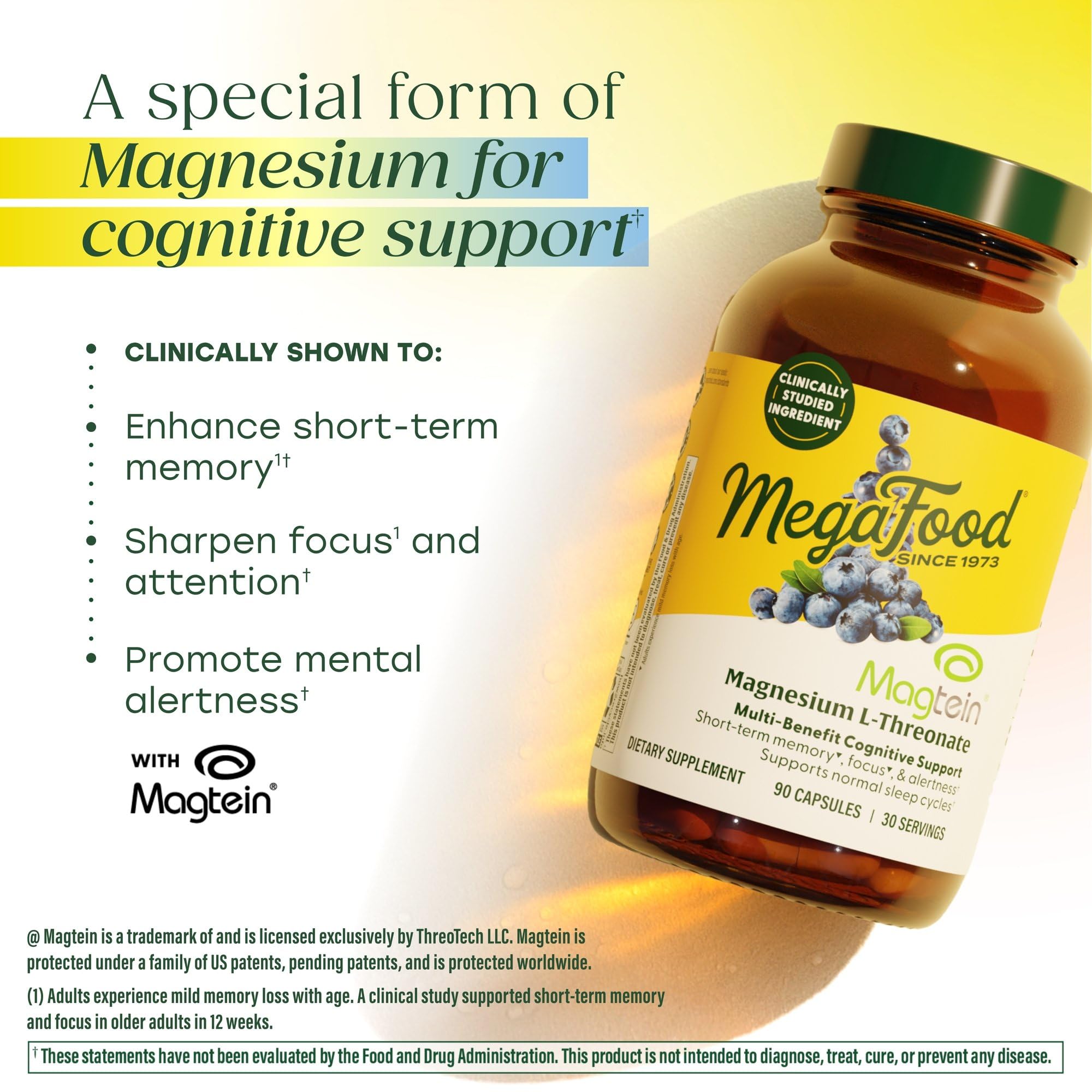 MegaFood Magtein Magnesium L-Threonate - Magnesium Supplement 2000mg Per Serving - Supports Short-Term Memory, Focus, Alertness & Normal Sleep Cycles - Vegan, Gluten Free - 90 Capsules, 30 Servings - Image 3