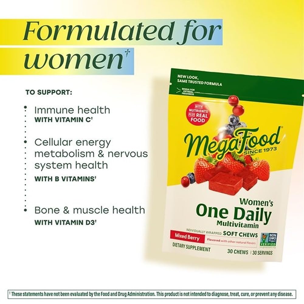 MegaFood Multivitamin for Women, One Daily Multivitamins, Soft Chews with Folate, Methylated B12, Vitamin B6, Biotin, Vitamin D3, C & A - Mixed Berry Flavor - Vegetarian, Non-GMO - 30 Chews, 2 Pack - Image 3