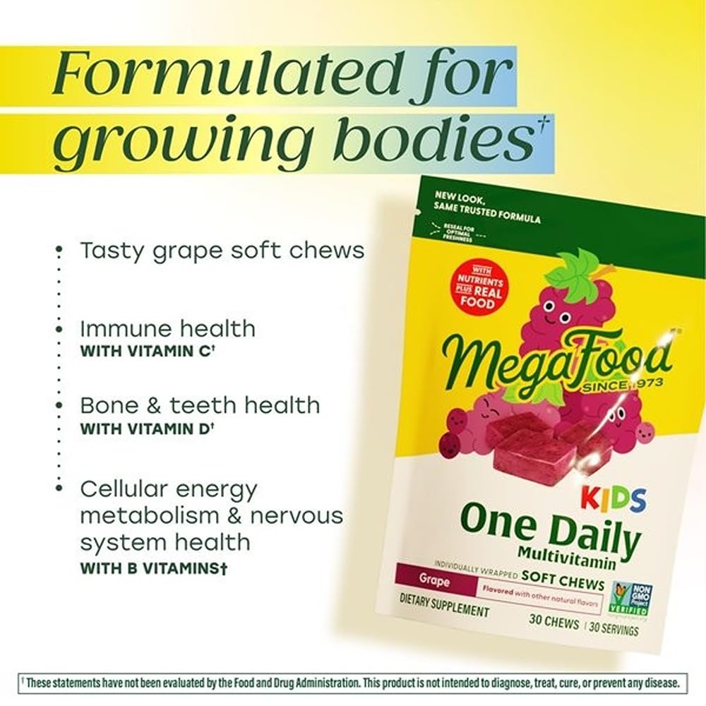 MegaFood One Daily Kids Vitamins Multivitamin Soft Chews - Vitamin B, C, D & E - Age 4+, Vegetarian, Made Without 9 Food Allergens - Grape Flavor – 30 Chews (2 Pack) - Image 3