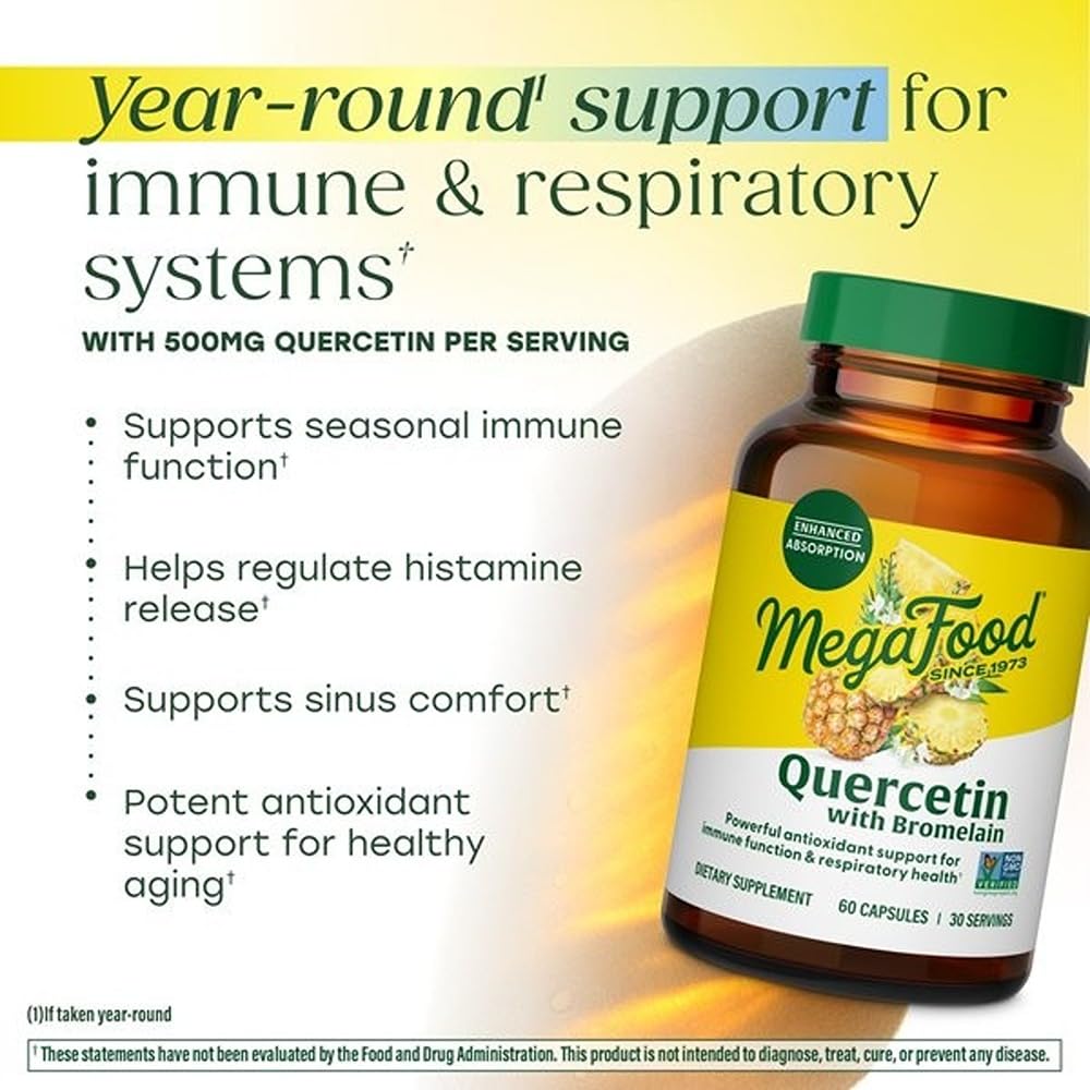 MegaFood Quercetin with Bromelain Supplement, Respiratory & Seasonal Immune Support Supplement, Quercetin 500mg Capsules & Enhanced Absorption, Vegan, Gluten-Free, 60 Capsules, 30 Servings - Image 3