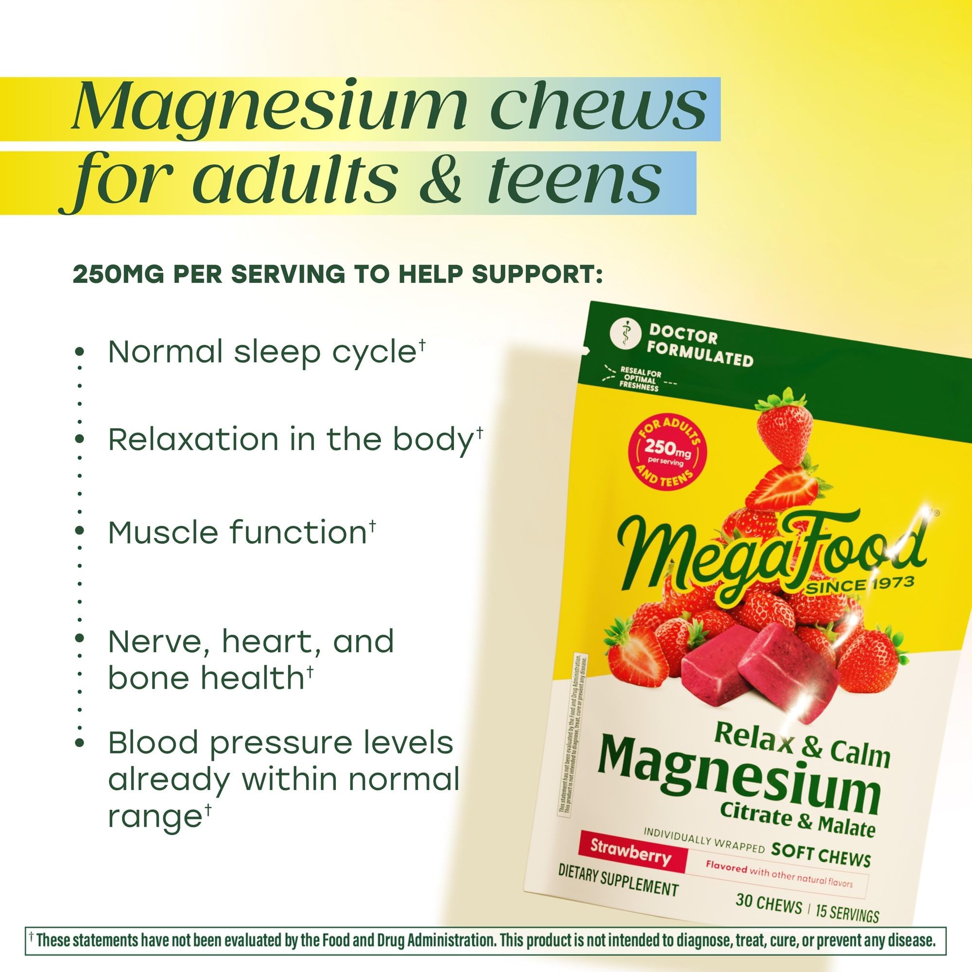 MegaFood Relax + Calm Magnesium Complex with Magnesium Citrate & Malate for Heart Health, Muscle Tension & More – Doctor Formulated - Vegetarian – Strawberry Flavor - 30 Soft Chews (2 Pack) - Image 3