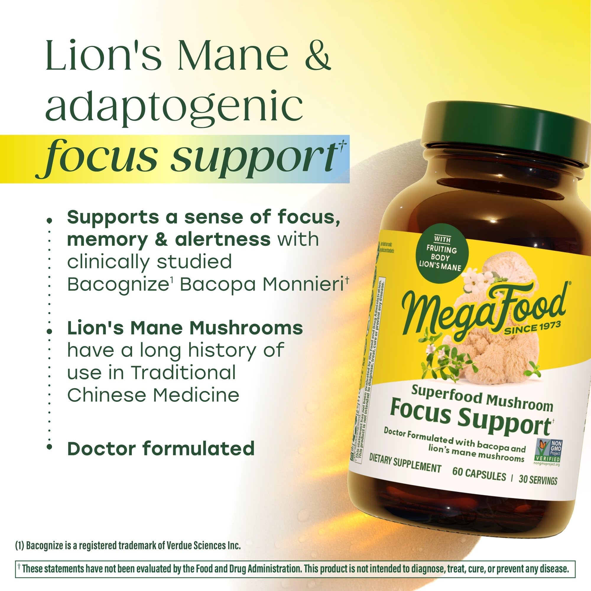 MegaFood Superfood Mushroom Focus Support - Lions Mane Supplement Capsules - Doctor Formulated – Lion’s Mane Mushroom Supplement with Clinically Studied Bacopa - Vegan - 60 Capsules, 30 Servings - Image 3
