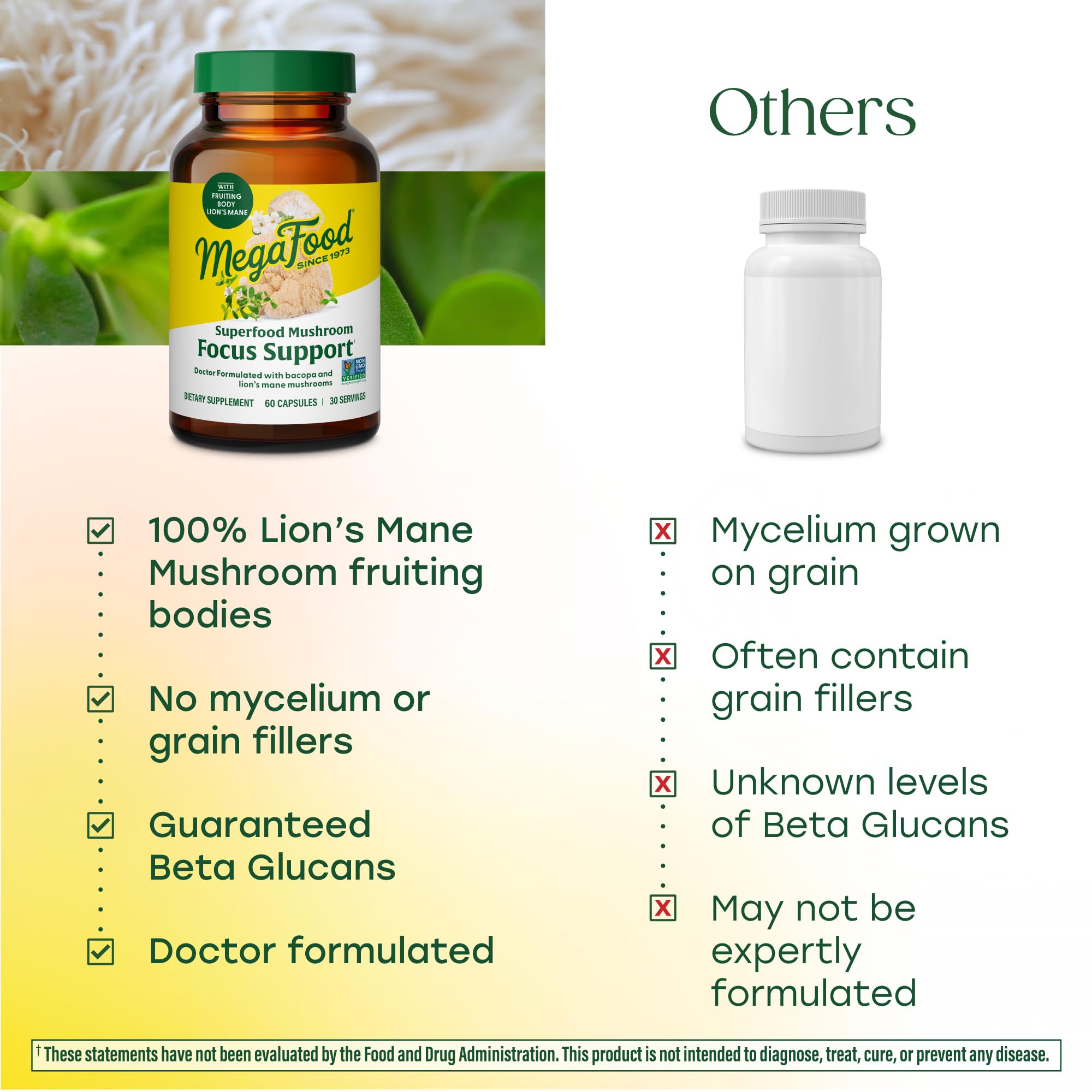 MegaFood Superfood Mushroom Focus Support - Lions Mane Supplement Capsules - Doctor Formulated – Lion’s Mane Mushroom Supplement with Clinically Studied Bacopa - Vegan - 60 Capsules, 30 Servings - Image 6
