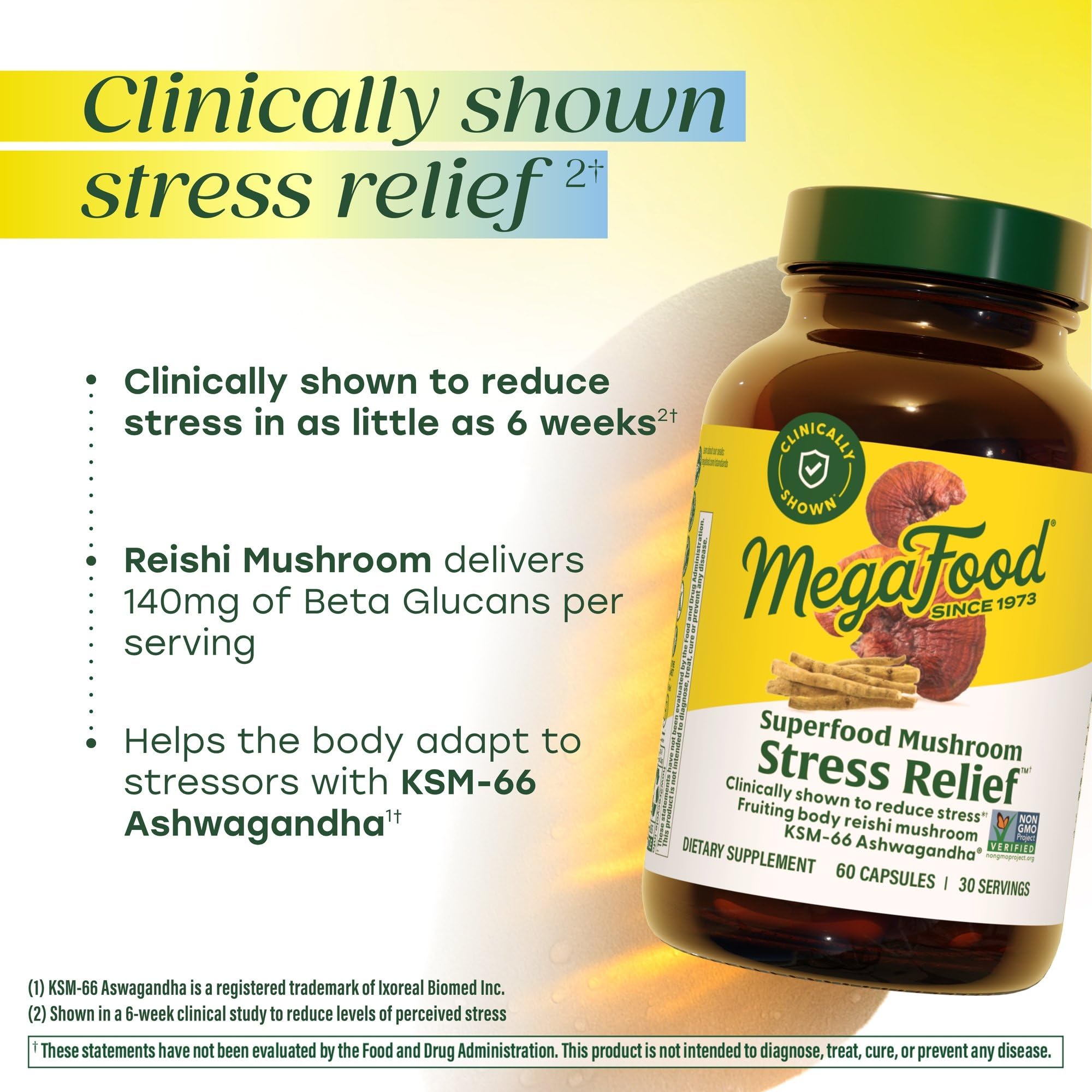 MegaFood Superfood Mushroom Stress Relief - Reishi Mushroom Supplement Clinically Studied to Reduce Stress - Doctor Formulated with Ashwagandha KSM 66 - Vegan, Gluten-Free - 60 Capsules, 30 Servings - Image 3