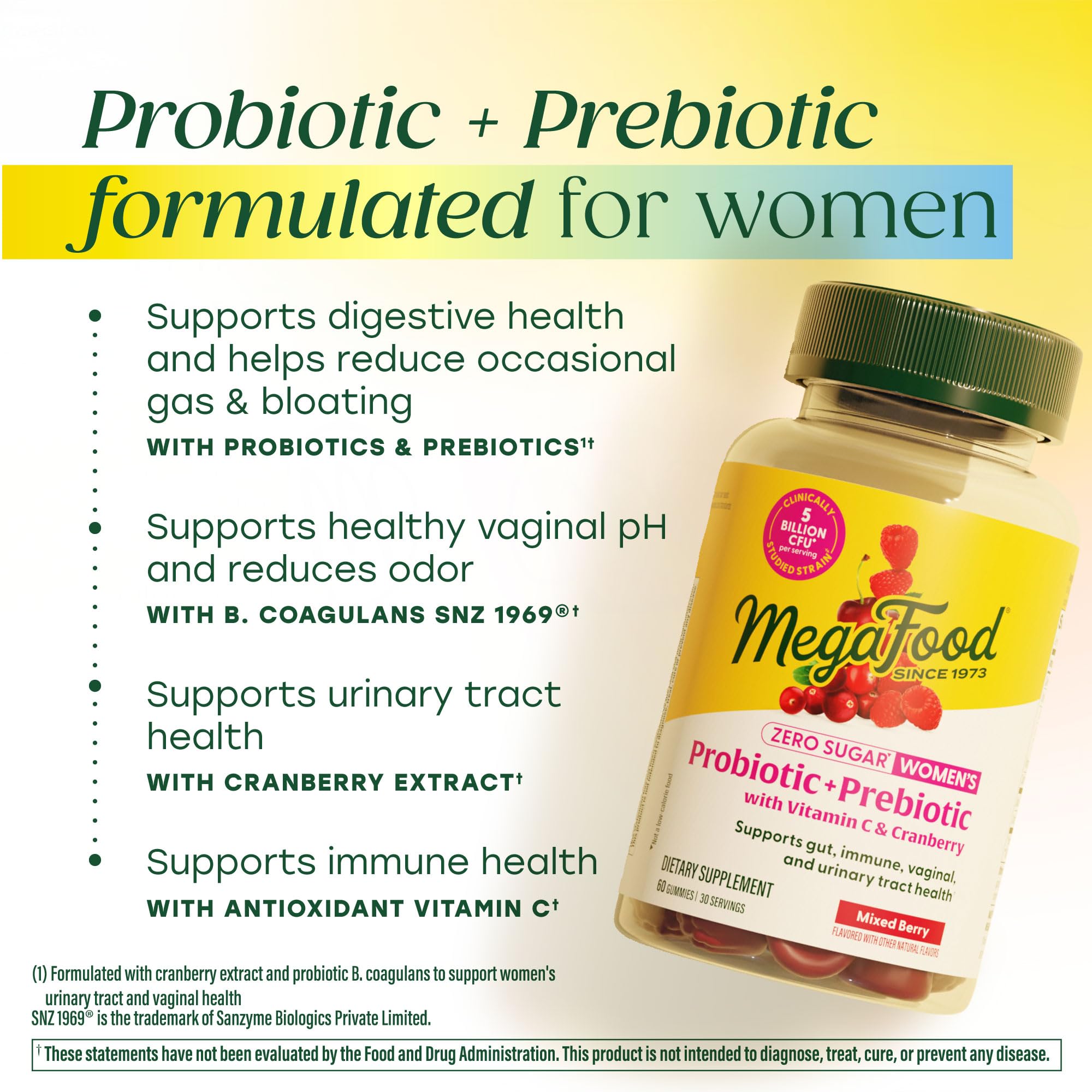 MegaFood Women’s Probiotic + Prebiotic Gummies - Zero Sugar Prebiotics and Probiotics for Women - Vitamin C & Cranberry - Supports Immune, Vaginal & Gut Health - 60 Vegan Berry Gummies, 30 Servings - Image 3